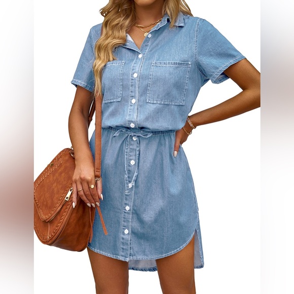 NWT Women’s Casual Denim Shirt Dress Short Sleeve Tie Waist Button Front – Small - Picture 1 of 6
